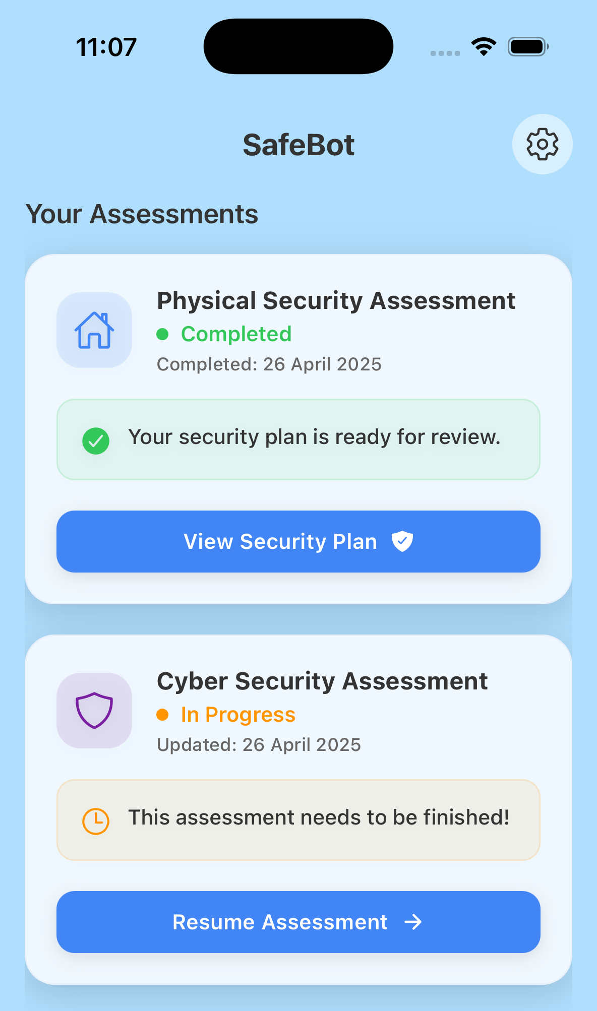 SafeBot mobile app interface showing security assessment dashboard